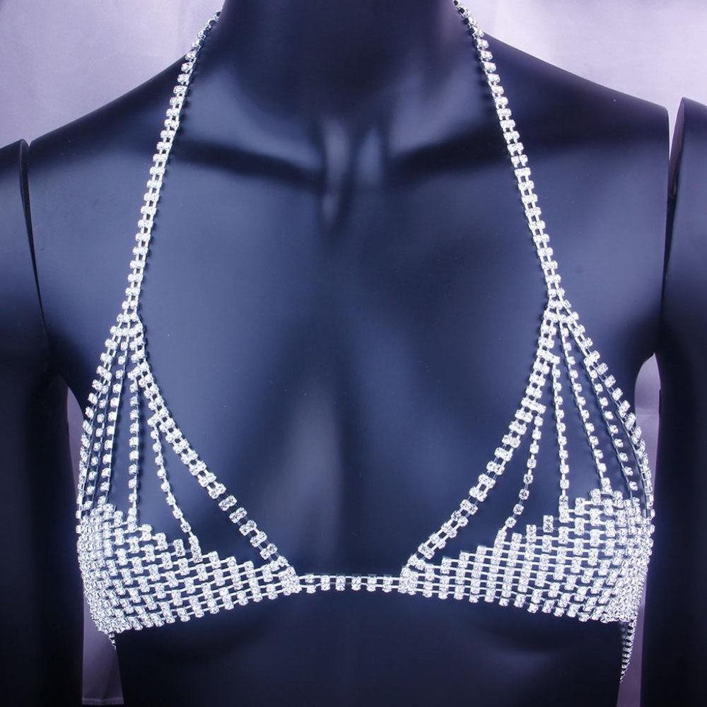 Rhinestone Chain Lingerie Women Bra Thong Set Bikini Body Jewelry Underwear - Picture 3 of 8
